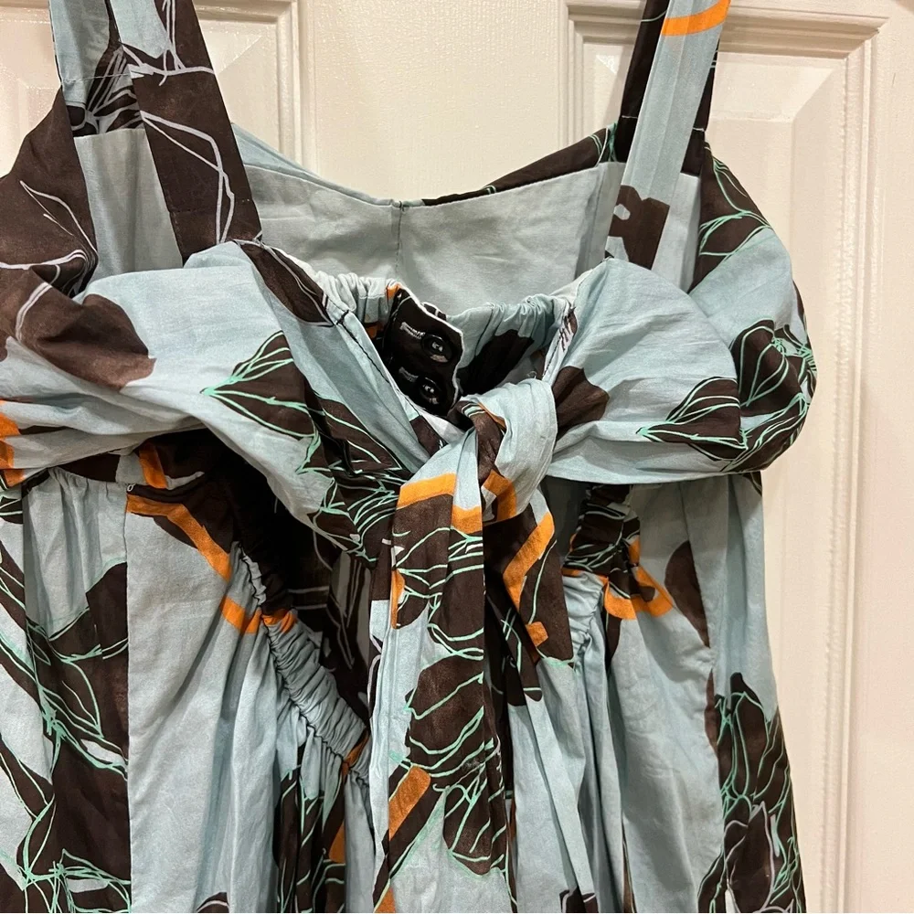 TELA Light Blue Brown Floral Maxi Dress Flowy Aqua Floral Dress XS